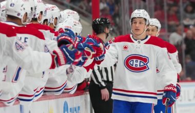 Jan 1, 2026; Raleigh, North Carolina, USA;  Montréal Canadiens center Oliver Kapanen (91) celebrates his goal against the Carolina Hurricanes during the first period at Lenovo Center. Mandatory Credit: James Guillory-Imagn Images
