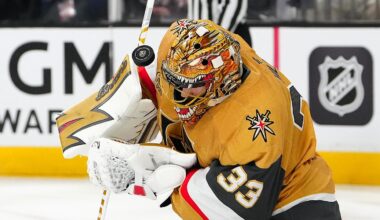 Jan 15, 2026; Las Vegas, Nevada, USA; Vegas Golden Knights goaltender Adin Hill (33) makes a save against the Toronto Maple Leafs during the third period at T-Mobile Arena. Mandatory Credit: Stephen R. Sylvanie-Imagn Images