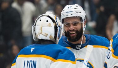 Dec 11, 2025; Vancouver, British Columbia, CAN; Buffalo Sabres goalie Alex Lyon (34) and Buffalo Sabres forward Jordan Greenway (12) celebrate their victory against the Vancouver Canucks at Rogers Arena. Mandatory Credit: Bob Frid-Imagn Images
