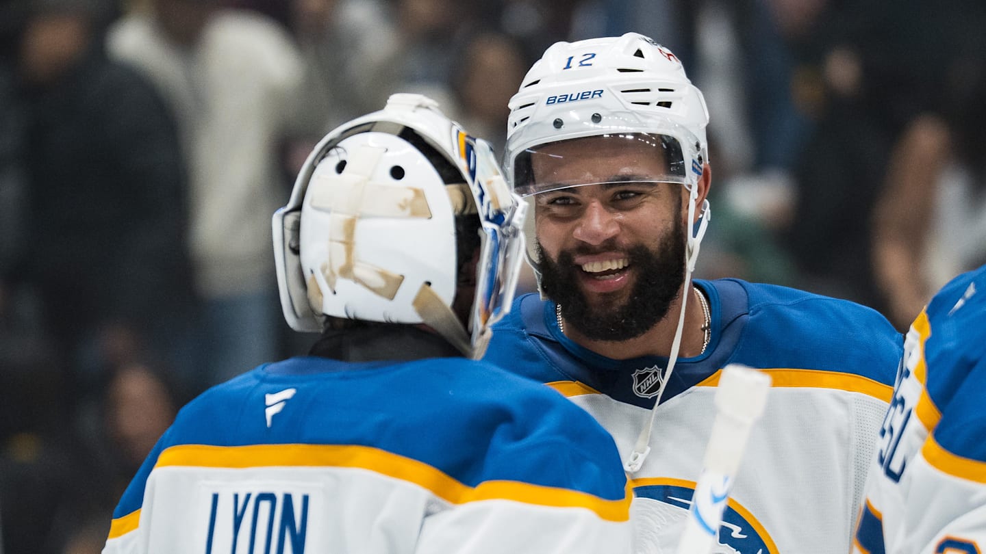 Dec 11, 2025; Vancouver, British Columbia, CAN; Buffalo Sabres goalie Alex Lyon (34) and Buffalo Sabres forward Jordan Greenway (12) celebrate their victory against the Vancouver Canucks at Rogers Arena. Mandatory Credit: Bob Frid-Imagn Images