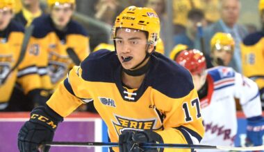 Erie Otters forward Malcolm Spence skates during an Ontario Hockey League Western Conference quarterfinal game against the Kitchener Rangers at Erie Insurance Arena in Erie on April 2, 2024.