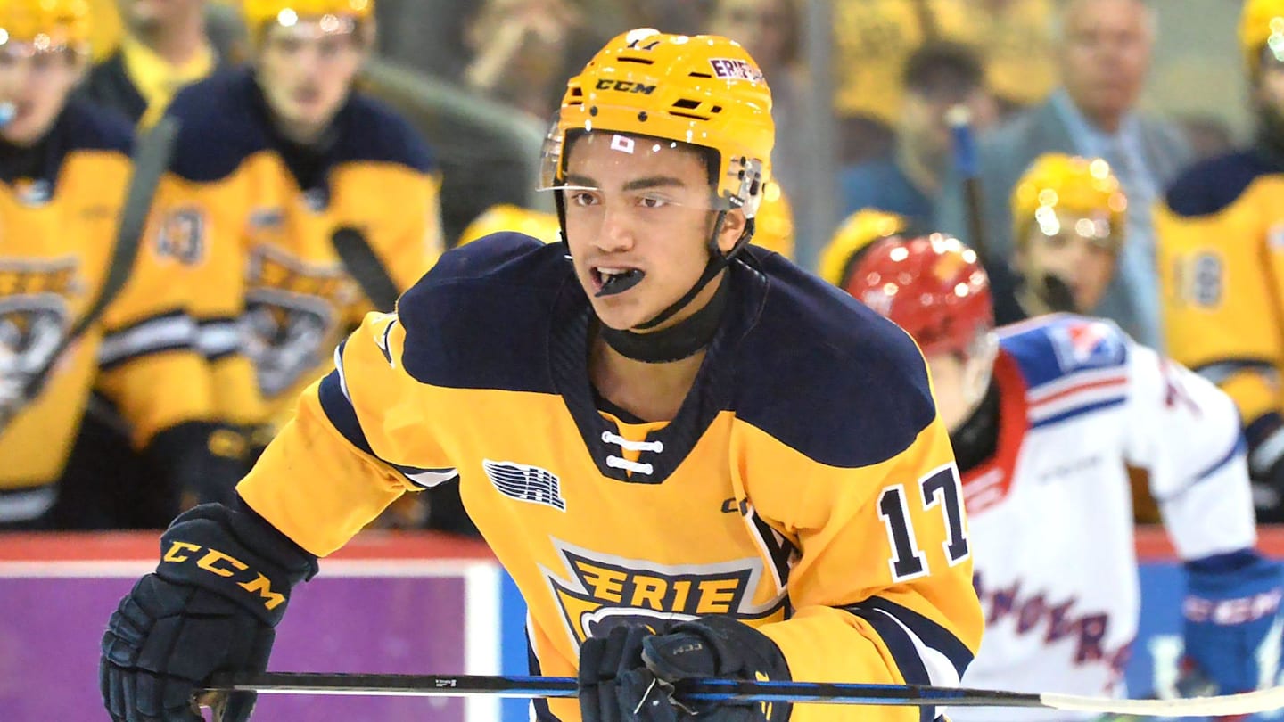 Erie Otters forward Malcolm Spence skates during an Ontario Hockey League Western Conference quarterfinal game against the Kitchener Rangers at Erie Insurance Arena in Erie on April 2, 2024.