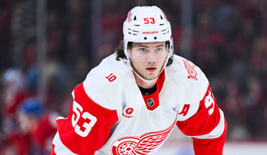 Jan 10, 2026; Montreal, Quebec, CAN; Detroit Red Wings defenseman Moritz Seider (53) looks on during warm-up before the game against the Montreal Canadiens at Bell Centre. Mandatory Credit: David Kirouac-Imagn Images
