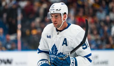 Jan 31, 2026; Vancouver, British Columbia, CAN; Toronto Maple Leafs forward John Tavares (91) during a stop in play against the Vancouver Canucks in the third period at Rogers Arena. Mandatory Credit: Bob Frid-Imagn Images