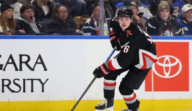Jan 29, 2026; Buffalo, New York, USA;  Buffalo Sabres left wing Zach Benson (6) looks to make a pass during the second period against the Los Angeles Kings at KeyBank Center. Mandatory Credit: Timothy T. Ludwig-Imagn Images