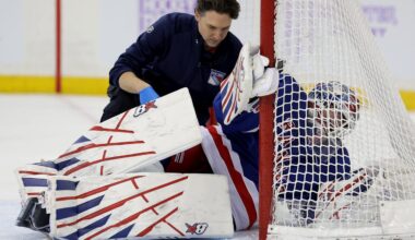 Jan 5, 2026; New York, New York, USA; New York Rangers goaltender Igor Shesterkin (31) is tended to after sustaining an injury during the first period against the Utah Mammoth at Madison Square Garden. Mandatory Credit: Brad Penner-Imagn Images