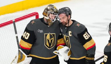 Feb 4, 2026; Las Vegas, Nevada, USA; Vegas Golden Knights right wing Mark Stone (61) congratulates Vegas Golden Knights goaltender Akira Schmid (40) after the Golden Knights defeated the Vancouver Canucks 5-2 at T-Mobile Arena. Mandatory Credit: Stephen R. Sylvanie-Imagn Images