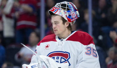Jan 17, 2026; Ottawa, Ontario, CAN; Montreal Canadiens goalie Samuel Montembeault (35) looks up the ice during a break in the first period against the  Ottawa Senators at the Canadian Tire Centre. Mandatory Credit: Marc DesRosiers-IMAGN Images
