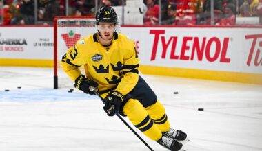 Team Sweden forward Jesper Bratt (63) skates with a puck. Mandatory Credit: David Kirouac-Imagn Images