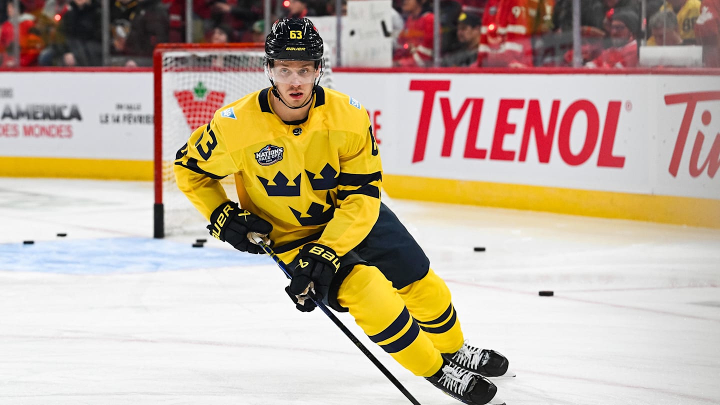 Team Sweden forward Jesper Bratt (63) skates with a puck. Mandatory Credit: David Kirouac-Imagn Images