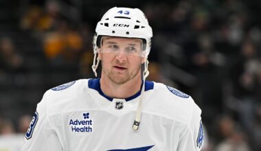 Mar 15, 2025; Boston, Massachusetts, USA; Tampa Bay Lightning defenseman Darren Raddysh (43) warms up before a game against the Boston Bruins at TD Garden. Mandatory Credit: Eric Canha-Imagn Images