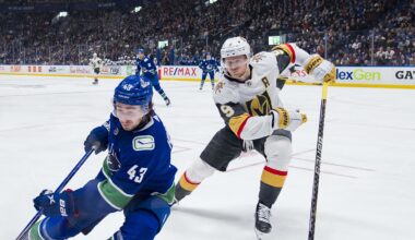 Nov 30, 2023; Vancouver, British Columbia, CAN; Vegas Golden Knights forward Jack Eichel (9) and Vancouver Canucks defenseman Quinn Hughes (43) skate after the loose puck in the third period at Rogers Arena. Vegas won 4-1. Mandatory Credit: Bob Frid-Imagn Images