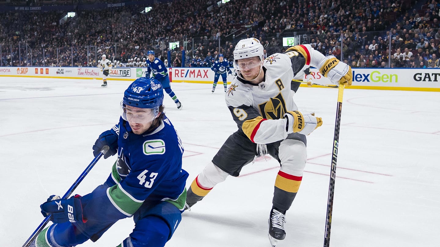 Nov 30, 2023; Vancouver, British Columbia, CAN; Vegas Golden Knights forward Jack Eichel (9) and Vancouver Canucks defenseman Quinn Hughes (43) skate after the loose puck in the third period at Rogers Arena. Vegas won 4-1. Mandatory Credit: Bob Frid-Imagn Images