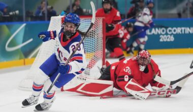 Feb 10, 2026; Milan, Italy; Hannah Bilka (23) of the United States scores a goal past Ann-Renee Desbiens (35) of Canada in women's ice hockey group A play during the Milano Cortina 2026 Olympic Winter Games at Milano Santagiulia Ice Hockey Arena. Mandatory Credit: Amber Searls-Imagn Images