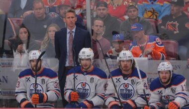 Jun 9, 2025; Sunrise, Florida, USA; Edmonton Oilers head coach Kris Knoblauch looks on during the second period against the Florida Panthers in game three of the 2025 Stanley Cup Final at Amerant Bank Arena. Mandatory Credit: Sam Navarro-Imagn Images