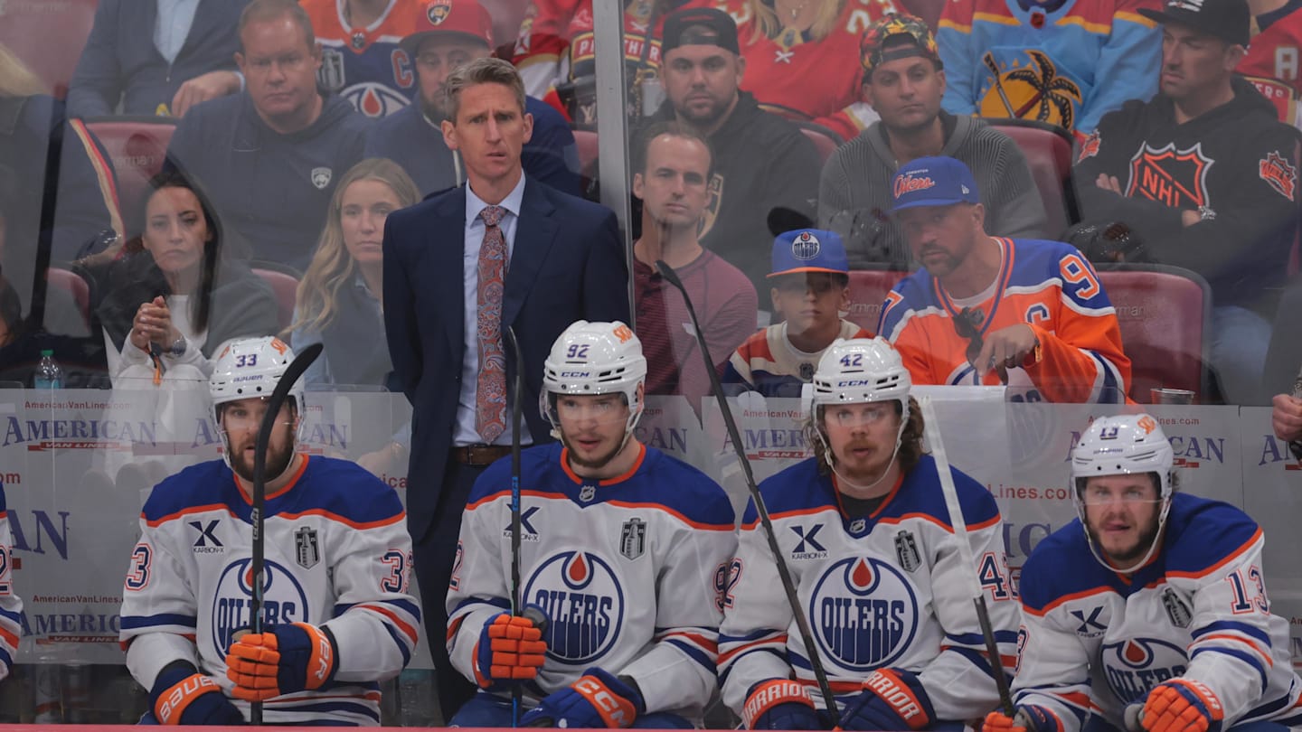 Jun 9, 2025; Sunrise, Florida, USA; Edmonton Oilers head coach Kris Knoblauch looks on during the second period against the Florida Panthers in game three of the 2025 Stanley Cup Final at Amerant Bank Arena. Mandatory Credit: Sam Navarro-Imagn Images