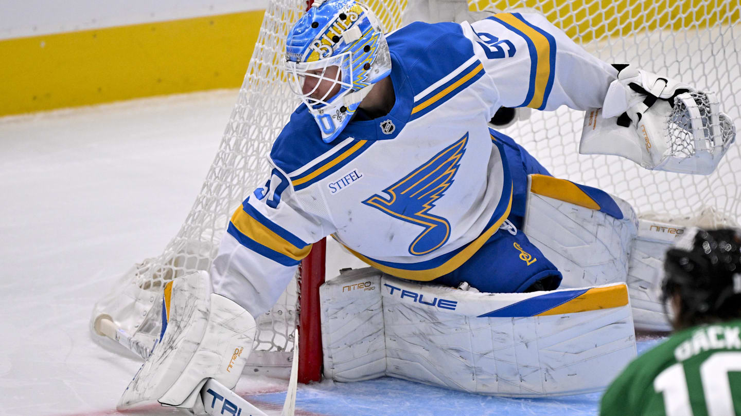 Feb 4, 2026; Dallas, Texas, USA; St. Louis Blues goaltender Jordan Binnington (50) fd during the first period at the American Airlines Center. Mandatory Credit: Jerome Miron-Imagn Images