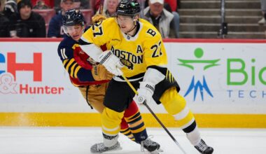 Feb 4, 2026; Sunrise, Florida, USA; Boston Bruins defenseman Hampus Lindholm (27) moves the puck against Florida Panthers right wing MacKie Samoskevich (11) during the first period at Amerant Bank Arena. Mandatory Credit: Sam Navarro-Imagn Images