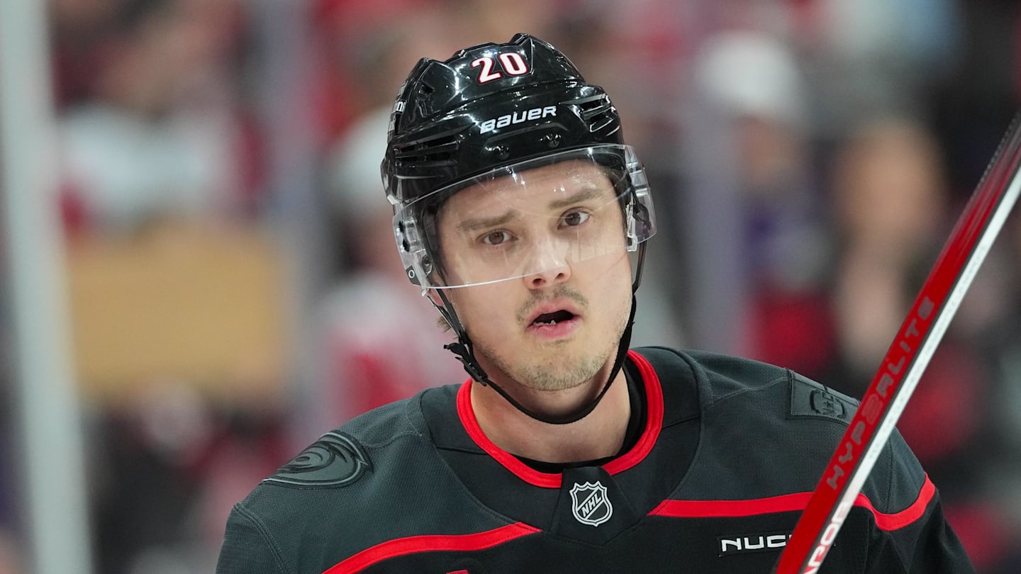Jan 1, 2026; Raleigh, North Carolina, USA;  Carolina Hurricanes center Sebastian Aho (20) looks on during the warmups before the game against the Montréal Canadiens at Lenovo Center. Mandatory Credit: James Guillory-Imagn Images