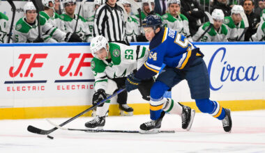 Jan 27, 2026; St. Louis, Missouri, USA; St. Louis Blues right wing Dalibor Dvorsky (54) slashes Dallas Stars center Wyatt Johnston (53) during the second period at Enterprise Center. Mandatory Credit: Jeff Curry-Imagn Images