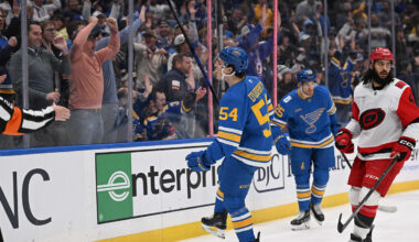 Jan 13, 2026; St. Louis, Missouri, USA; St. Louis Blues right wing Dalibor Dvorsky (54) celebrates after scoring a goal against the Carolina Hurricanes in the second period at Enterprise Center. Mandatory Credit: Joe Puetz-Imagn Images