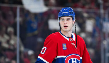 Jan 12, 2026; Montreal, Quebec, CAN; Montreal Canadiens left wing Juraj Slafkovsky (20) looks on during warm-up before the game against the Vancouver Canucks at Bell Centre. Mandatory Credit: David Kirouac-Imagn Images