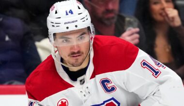 Nov 29, 2025; Denver, Colorado, USA; Montreal Canadiens center Nick Suzuki (14) during the third period against the Colorado Avalanche at Ball Arena. Mandatory Credit: Ron Chenoy-Imagn Images