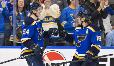 Nov 3, 2025; St. Louis, Missouri, USA; St. Louis Blues right wing Dalibor Dvorsky (54) is congratulated by center Robert Thomas (18) after scoring his first NHL goal against the Edmonton Oilers during the second period at Enterprise Center. Mandatory Credit: Jeff Curry-Imagn Images