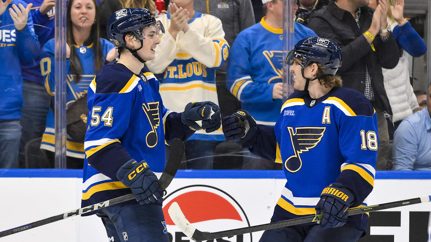 Nov 3, 2025; St. Louis, Missouri, USA; St. Louis Blues right wing Dalibor Dvorsky (54) is congratulated by center Robert Thomas (18) after scoring his first NHL goal against the Edmonton Oilers during the second period at Enterprise Center. Mandatory Credit: Jeff Curry-Imagn Images