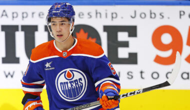 Sep 22, 2024; Edmonton, Alberta, CAN; Edmonton Oilers forward William Nicholl (56) skates against the Winnipeg Jets at Rogers Place. Mandatory Credit: Perry Nelson-Imagn Images