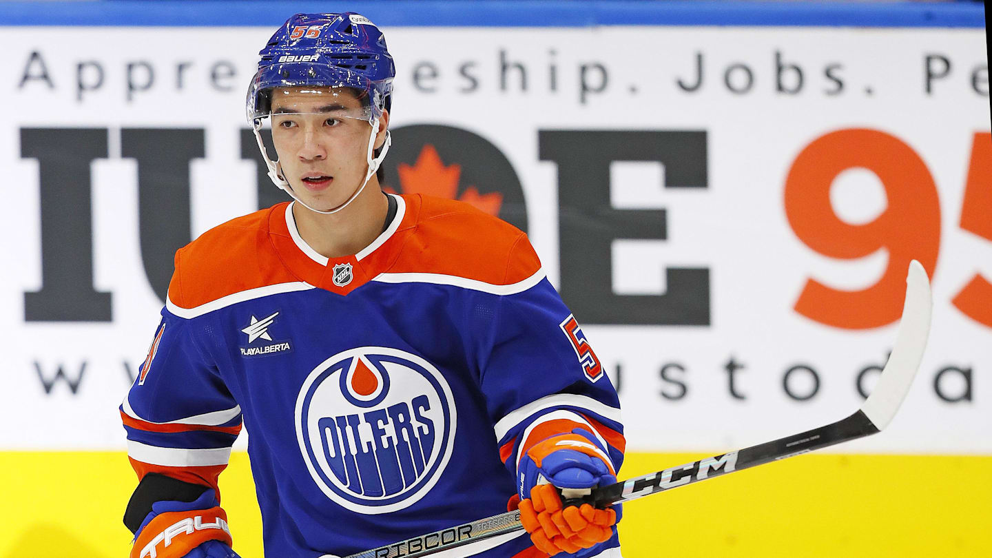 Sep 22, 2024; Edmonton, Alberta, CAN; Edmonton Oilers forward William Nicholl (56) skates against the Winnipeg Jets at Rogers Place. Mandatory Credit: Perry Nelson-Imagn Images