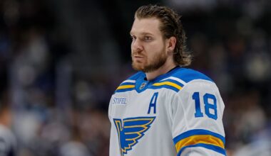 Dec 31, 2025; Denver, Colorado, USA; St. Louis Blues center Robert Thomas (18) before the game against the Colorado Avalanche at Ball Arena. Mandatory Credit: Isaiah J. Downing-Imagn Images