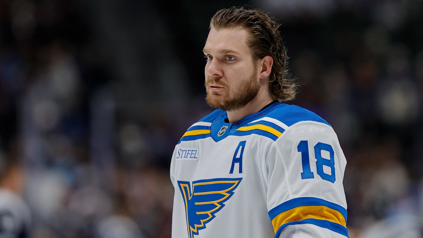 Dec 31, 2025; Denver, Colorado, USA; St. Louis Blues center Robert Thomas (18) before the game against the Colorado Avalanche at Ball Arena. Mandatory Credit: Isaiah J. Downing-Imagn Images