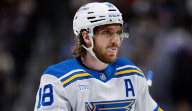Dec 31, 2025; Denver, Colorado, USA; St. Louis Blues center Robert Thomas (18) in the third period against the Colorado Avalanche at Ball Arena. Mandatory Credit: Isaiah J. Downing-Imagn Images