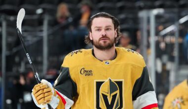 Jan 29, 2026; Las Vegas, Nevada, USA; Vegas Golden Knights defenseman Rasmus Andersson (4) warms up before a game against the Dallas Stars at T-Mobile Arena. Mandatory Credit: Stephen R. Sylvanie-Imagn Images