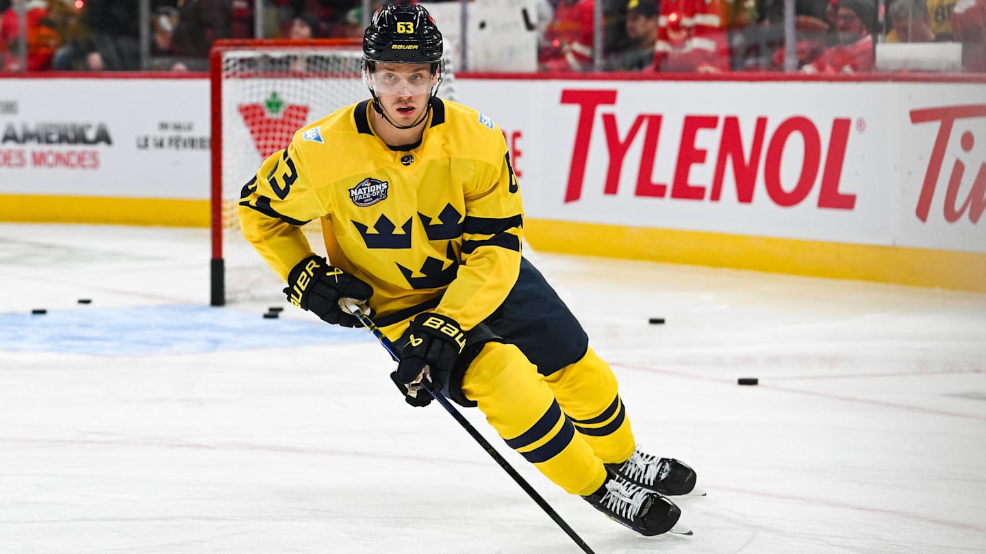 Feb 12, 2025; Montreal, Quebec, CAN; [Imagn Images direct customers only] Team Sweden forward Jesper Bratt (63) skates with a puck in warm-up before the game against Team Canada during a 4 Nations Face-Off ice hockey game at Bell Centre. Mandatory Credit: David Kirouac-Imagn Images