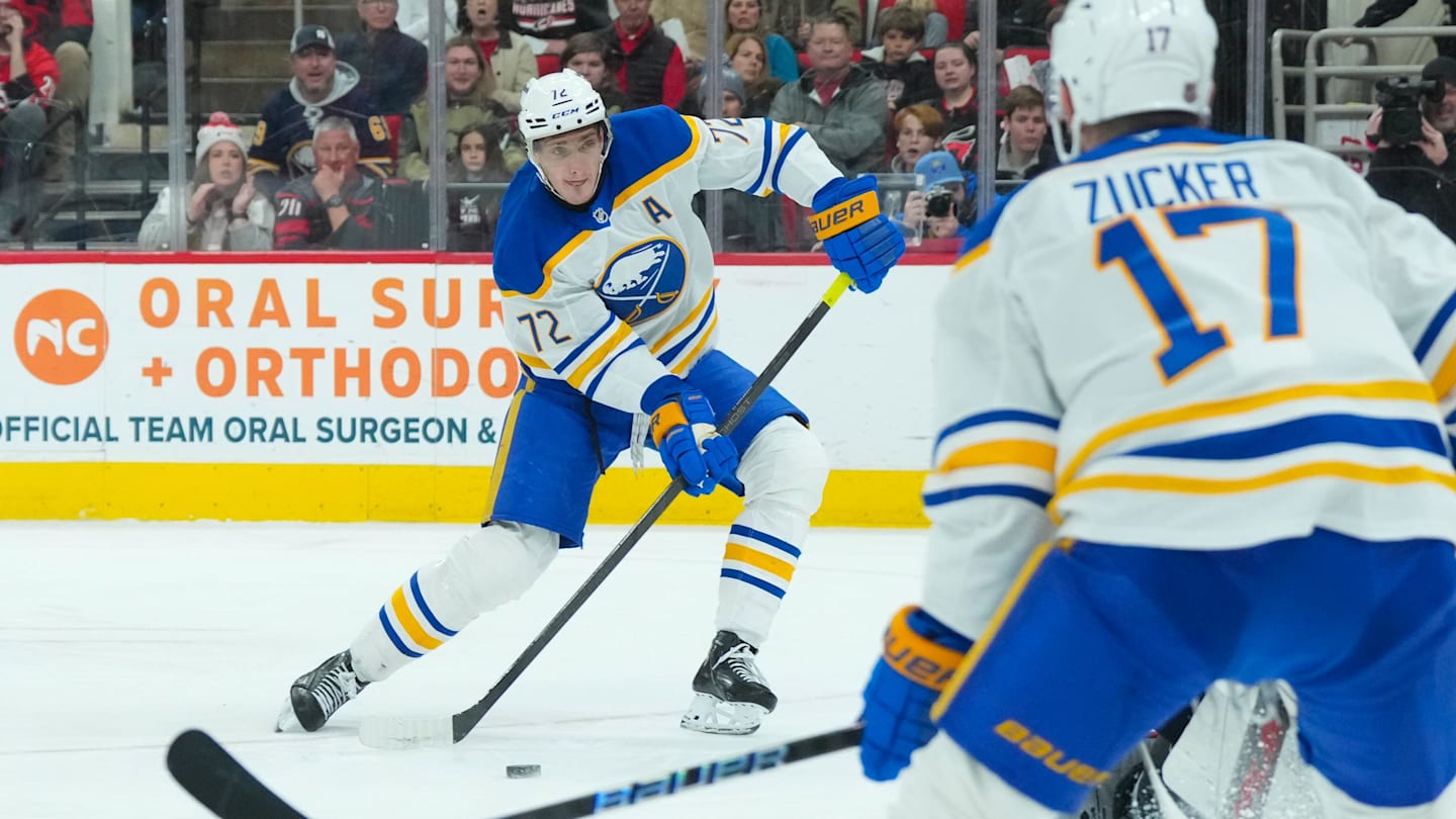 Jan 19, 2026; Raleigh, North Carolina, USA;  Buffalo Sabres center Tage Thompson (72) takes a shot against the Carolina Hurricanes during the second period at Lenovo Center. Mandatory Credit: James Guillory-Imagn Images
