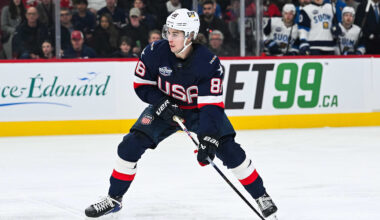Feb 13, 2025; Montreal, Quebec, CAN; [Imagn Images direct customers only] Team USA forward Jack Hughes (86) plays the puck against Team Finland in the first period during a 4 Nations Face-Off ice hockey game at Bell Centre. Mandatory Credit: David Kirouac-Imagn Images