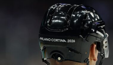 Feb 11, 2026; Milan, Italy; The back of the helmet of the match officials during the match in men's ice hockey group B play between Finland and Slovakia during the Milano Cortina 2026 Olympic Winter Games at Milano Santagiulia Ice Hockey Arena. Mandatory Credit: Geoff Burke-Imagn Images