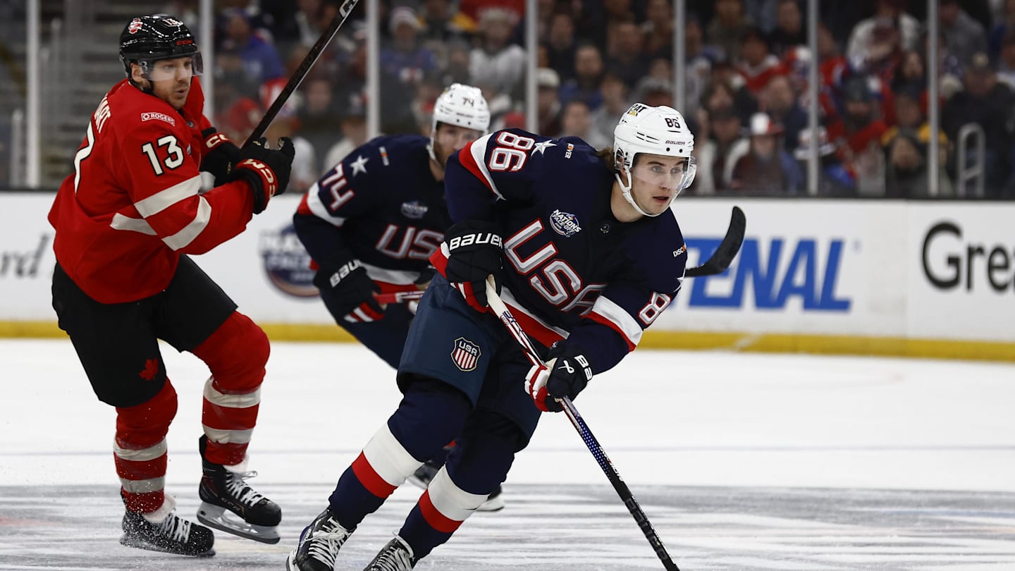 United States forward Jack Hughes (86) during the 4 Nations Face-Off: Winslow Townson-Imagn Images