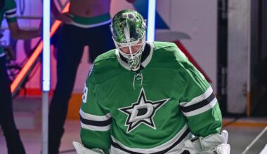 Feb 4, 2026; Dallas, Texas, USA; Dallas Stars goaltender Jake Oettinger (29) takes the ice as the Stars celebrate their 2026 Winter Olympics hockey players before the game against the St. Louis Blues at the American Airlines Center. Mandatory Credit: Jerome Miron-Imagn Images