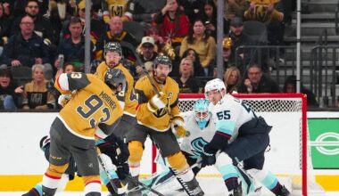 Jan 31, 2026; Las Vegas, Nevada, USA; Vegas Golden Knights right wing Mitch Marner (93) scores on a shot as center Tomas Hertl (48) and right wing Mark Stone (61) screen Seattle Kraken goaltender Joey Daccord (35) during the second period at T-Mobile Arena. Mandatory Credit: Stephen R. Sylvanie-Imagn Images
