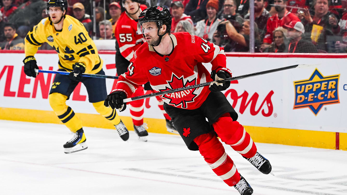 Canada defenseman Josh Morrissey (44) taking on Sweden during the 4 Nations Face-Off.