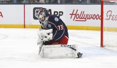 Blue Jackets goaltender Jet Greaves makes a save against the Chicago Blackhawks.