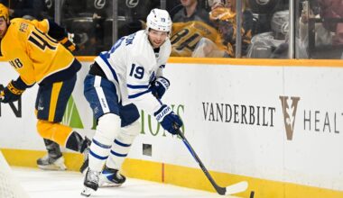 Dec 20, 2025; Nashville, Tennessee, USA;  Toronto Maple Leafs center Calle Jarnkrok (19) skates behind the net against the Nashville Predators during the second period at Bridgestone Arena. Mandatory Credit: Steve Roberts-Imagn Images