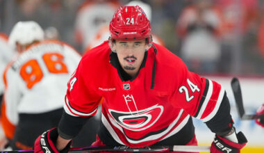 Dec 14, 2025; Raleigh, North Carolina, USA; Carolina Hurricanes center Seth Jarvis (24) looks on during the warmups before the game against the Philadelphia Flyers at Lenovo Center. Mandatory Credit: James Guillory-Imagn Images