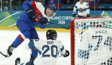 Feb 11, 2026; Milan, Italy;  Dalibor Dvorsky of Slovakia scores their second goal  against Finland in men's ice hockey group B play during the Milano Cortina 2026 Olympic Winter Games at Milano Santagiulia Ice Hockey Arena. Mandatory Credit: Geoff Burke-Imagn Images