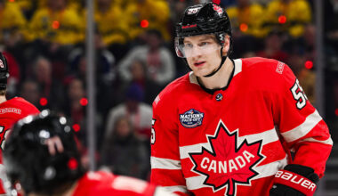 Feb 12, 2025; Montreal, Quebec, CAN; [Imagn Images direct customers only] Team Canada defenseman Colton Parayko (55) waits for a face-off against Team Sweden in the second period during a 4 Nations Face-Off ice hockey game at Bell Centre. Mandatory Credit: David Kirouac-Imagn Images