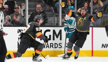 Nov 29, 2025; Las Vegas, Nevada, USA; Vegas Golden Knights right wing Mitch Marner (93) celebrates with Vegas Golden Knights right wing Mark Stone (61) after scoring a goal against the San Jose Sharks during the second period at T-Mobile Arena. Mandatory Credit: Stephen R. Sylvanie-Imagn Images