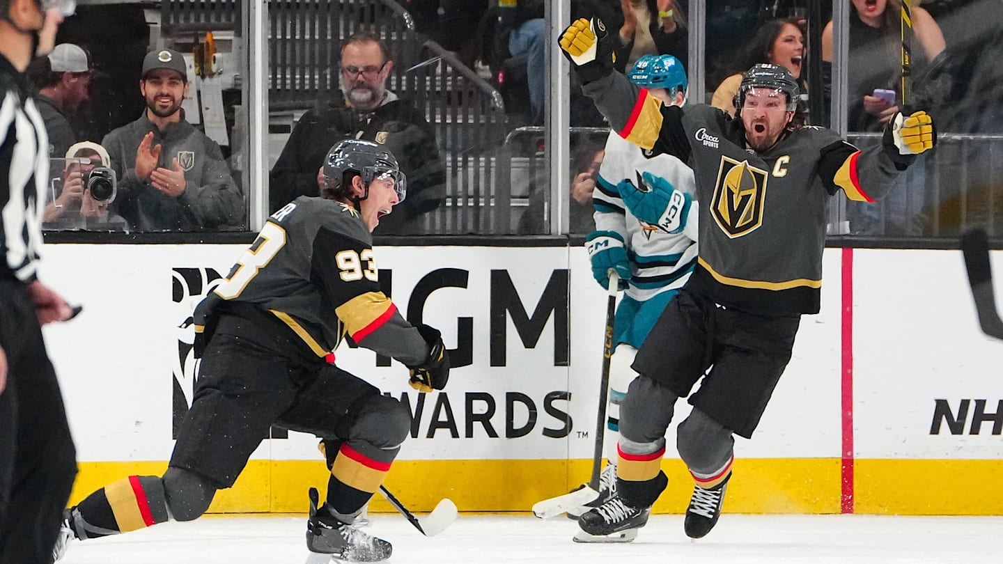Nov 29, 2025; Las Vegas, Nevada, USA; Vegas Golden Knights right wing Mitch Marner (93) celebrates with Vegas Golden Knights right wing Mark Stone (61) after scoring a goal against the San Jose Sharks during the second period at T-Mobile Arena. Mandatory Credit: Stephen R. Sylvanie-Imagn Images